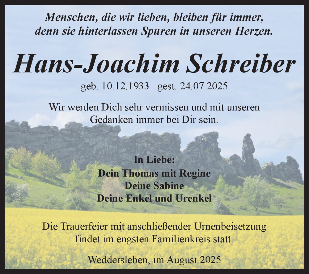  Traueranzeige für Hans-Joachim Schreiber vom 09.08.2025 aus Trauerkombi Quedlinburg