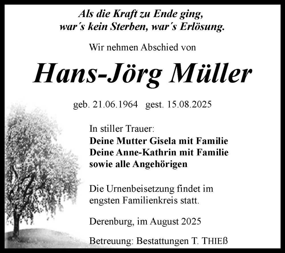  Traueranzeige für Hans-Jörg Müller vom 23.08.2025 aus Volksstimme Wernigerode