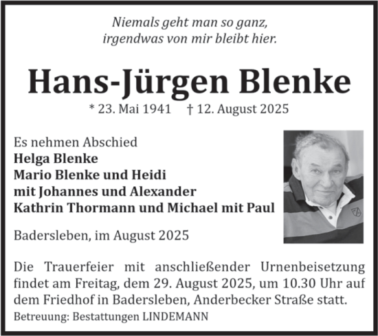 Traueranzeige von Hans-Jürgen Blenke von Volksstimme Halberstadt