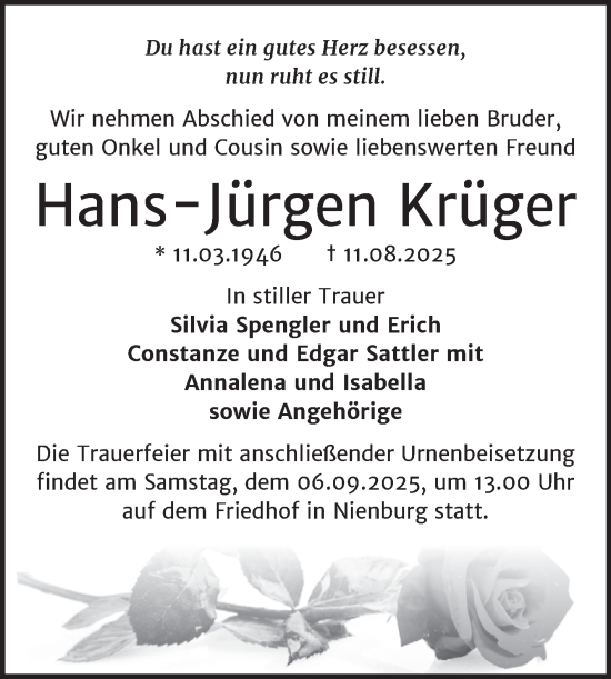 Traueranzeige von Hans-Jürgen Krüger von Trauerkombi Bernburg