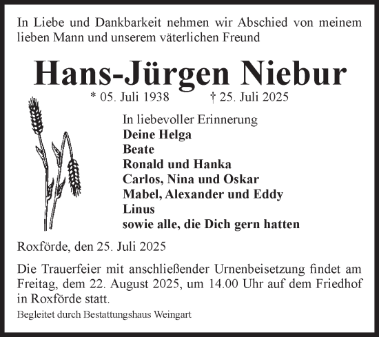 Traueranzeige von Hans-Jürgen Niebur von Volksstimme Altmark West