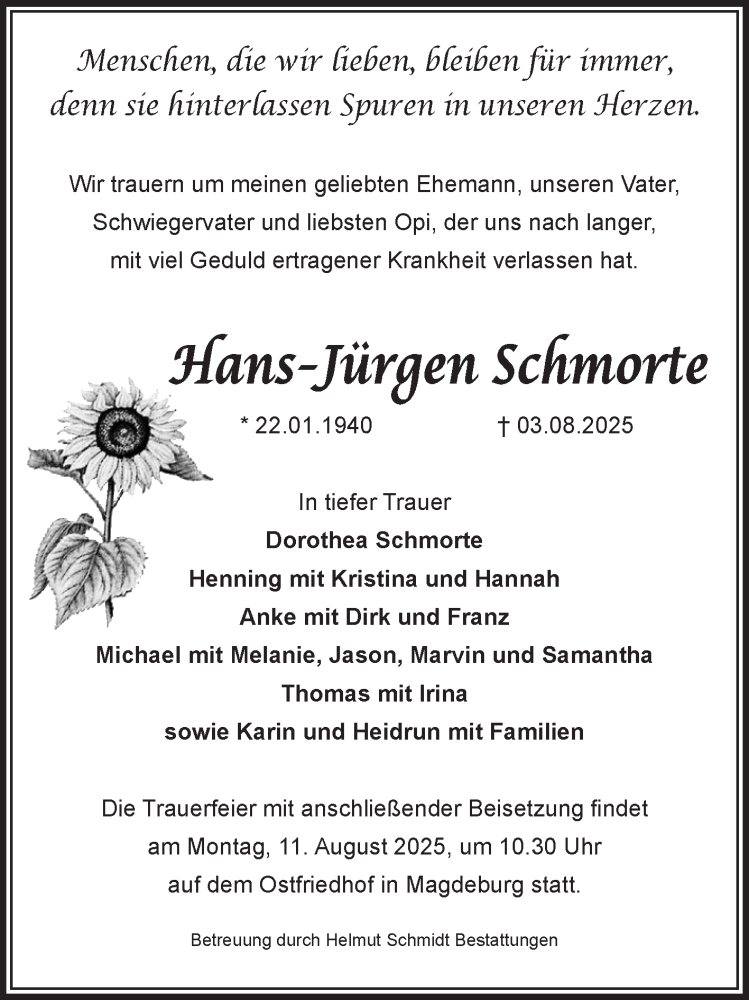  Traueranzeige für Hans-Jürgen Schmorte vom 09.08.2025 aus Volksstimme Magdeburg