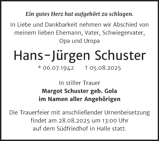 Traueranzeige von Hans-Jürgen Schuster von Mitteldeutsche Zeitung Halle/Saalkreis
