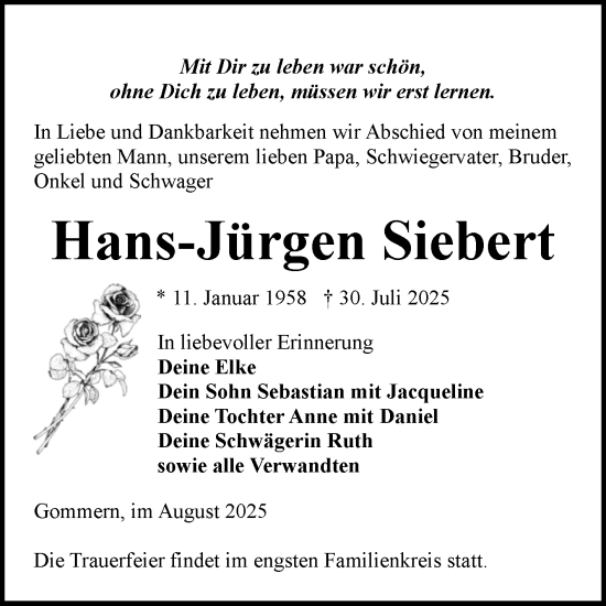 Traueranzeige von Hans-Jürgen Siebert von Volksstimme Burg/Genthin