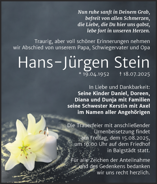Traueranzeige von Hans-Jürgen Stein von Naumburger Tageblatt
