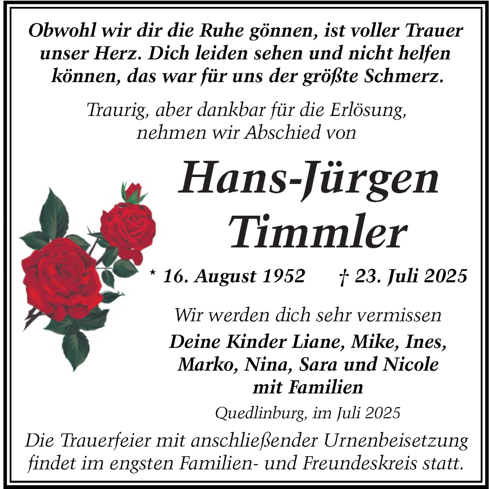  Traueranzeige für Hans-Jürgen Timmler vom 02.08.2025 aus Trauerkombi Quedlinburg