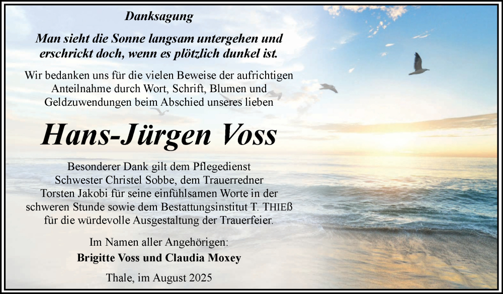  Traueranzeige für Hans-Jürgen Voss vom 23.08.2025 aus Trauerkombi Quedlinburg