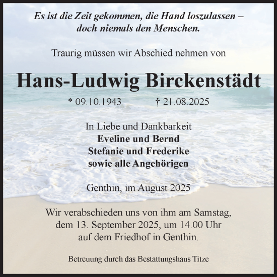 Traueranzeige von Hans-Ludwig Birckenstädt von Volksstimme Burg/Genthin