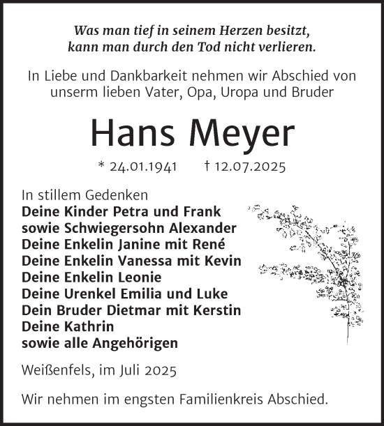 Traueranzeige von Hans Meyer von Trauerkombi Weißenfels