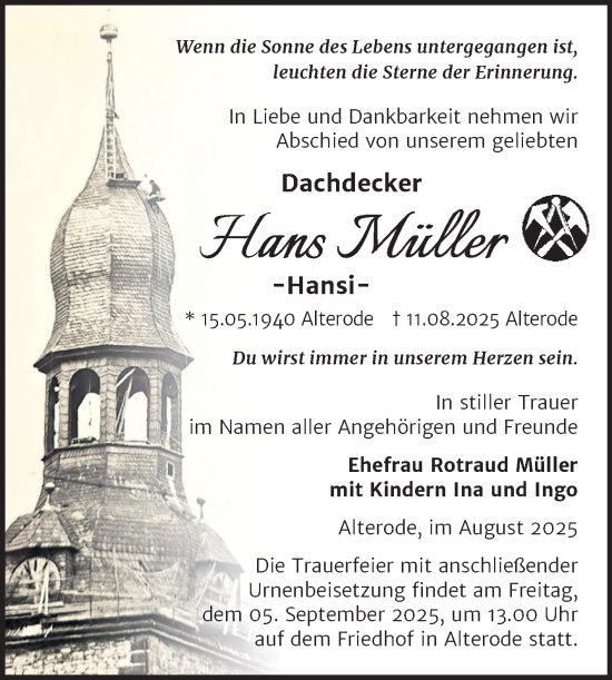 Traueranzeige von Hans Müller von Trauerkombi Aschersleben