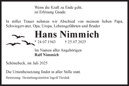 Traueranzeige von Hans Nimmich von Volksstimme Schönebeck
