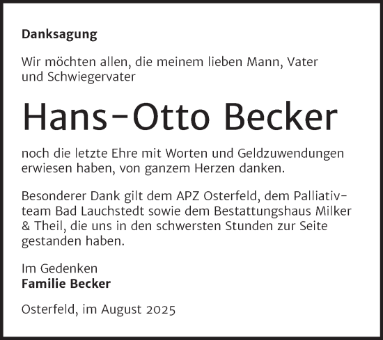 Traueranzeige von Hans-Otto Becker von Trauerkombi Zeitz