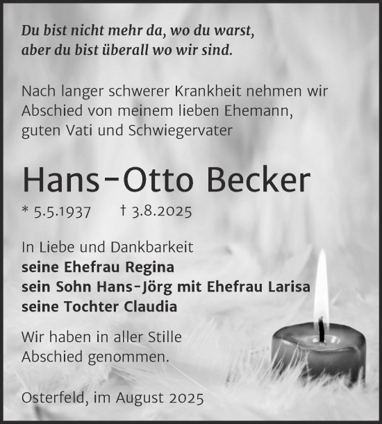 Traueranzeige von Hans-Otto Becker von Trauerkombi Zeitz