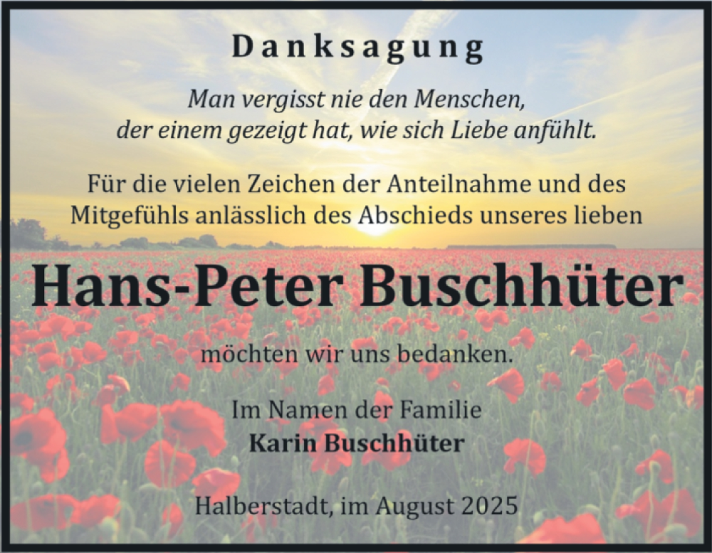  Traueranzeige für Hans-Peter Buschhüter vom 23.08.2025 aus Volksstimme Halberstadt