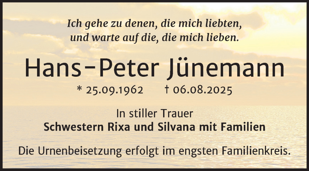  Traueranzeige für Hans-Peter Jünemann vom 16.08.2025 aus Trauerkombi Bernburg