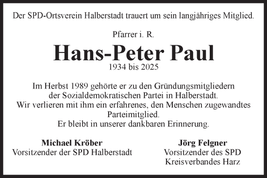 Traueranzeige von Hans-Peter Paul von Volksstimme Halberstadt