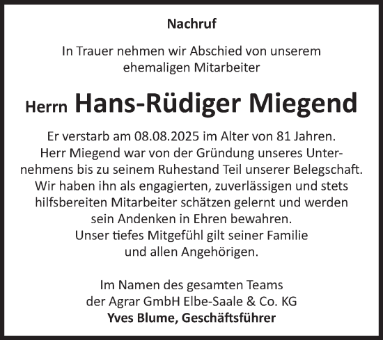 Traueranzeige von Hans-Rüdiger Miegend von Volksstimme Schönebeck