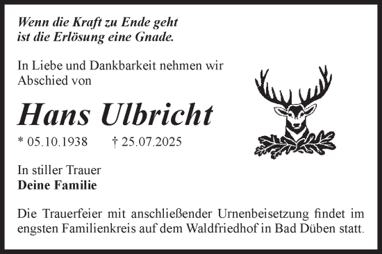 Traueranzeige von Hans Ulbricht von Volksstimme Halberstadt