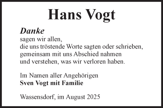 Traueranzeige von Hans Vogt von Volksstimme Altmark West