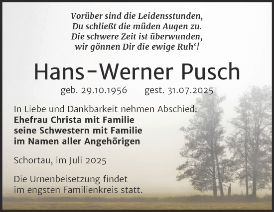Traueranzeige von Hans-Werner Pusch von Trauerkombi Merseburg