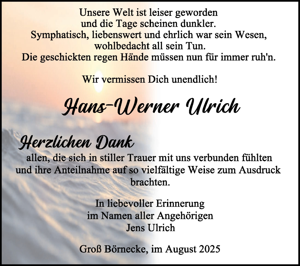  Traueranzeige für Hans-Werner Ulrich vom 16.08.2025 aus Volksstimme Staßfurt