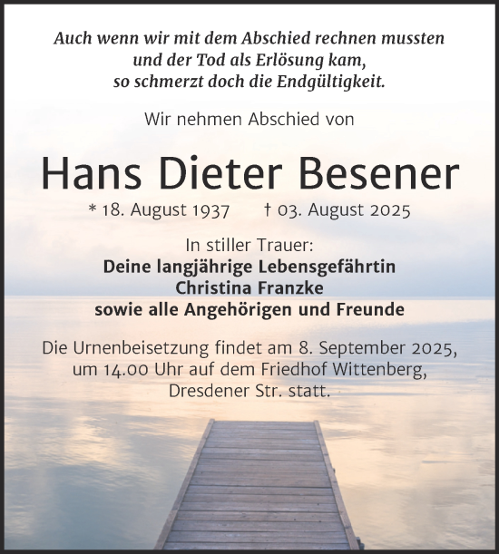 Traueranzeige von Hans Dieter Besener von Trauerkombi Wittenberg