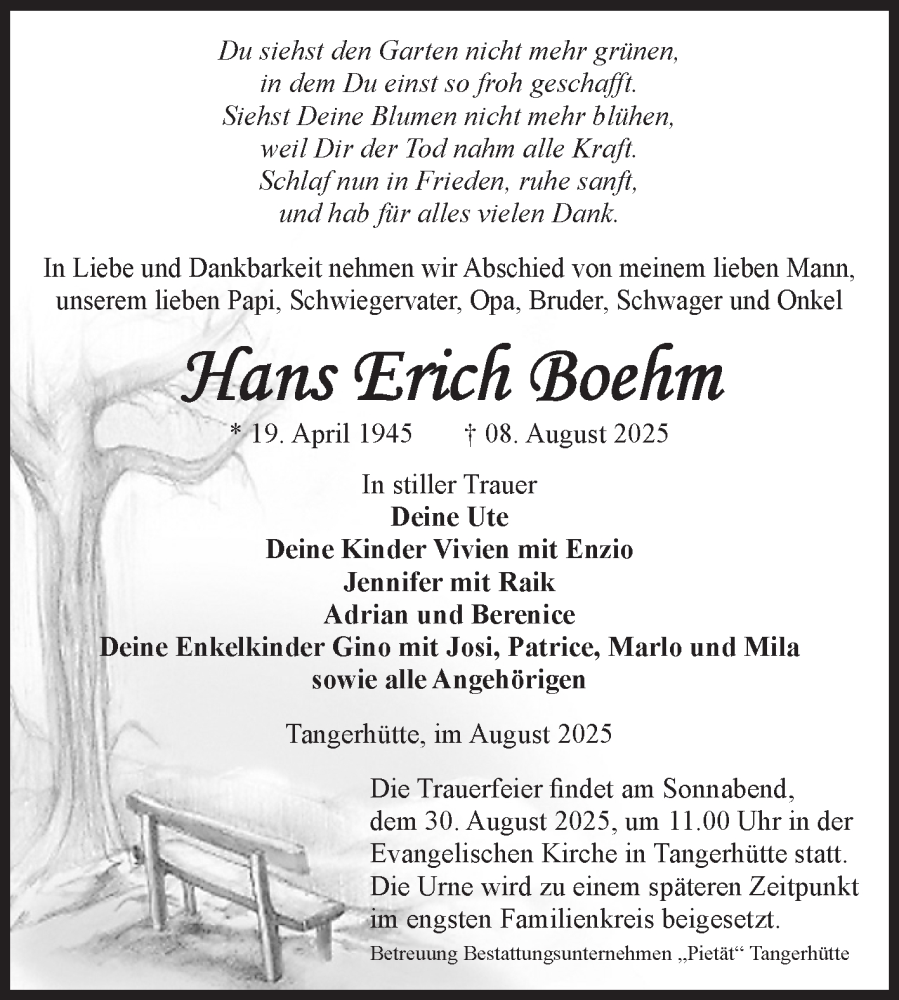  Traueranzeige für Hans Erich Boehm vom 16.08.2025 aus Volksstimme Altmark Ost