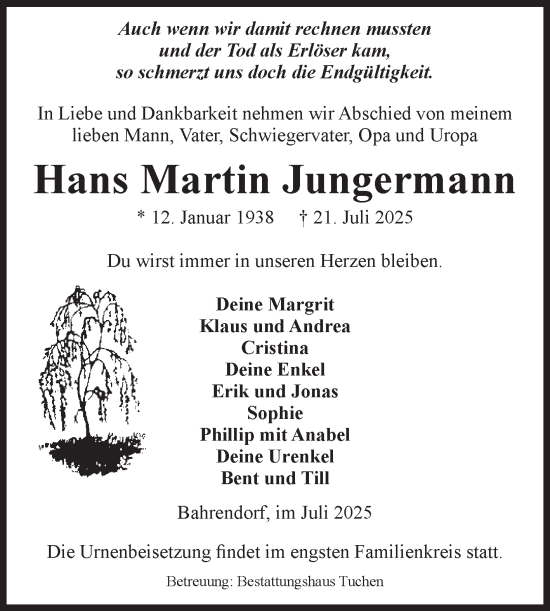 Traueranzeige von Hans Martin Jungermann von Volksstimme Oschersleben/Wanzleben