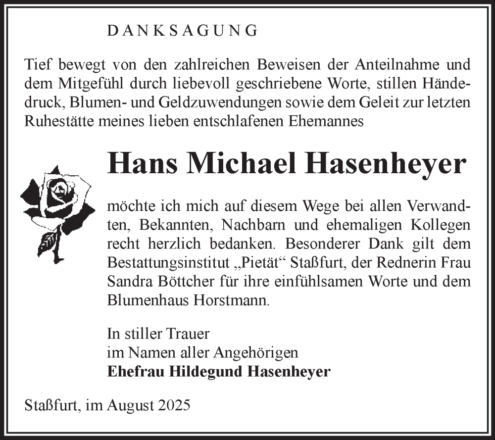  Traueranzeige für Hans Michael Hasenheyer vom 09.08.2025 aus Volksstimme Staßfurt