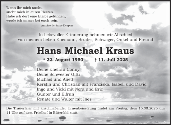 Traueranzeige von Hans Michael Kraus von Trauerkombi Bitterfeld
