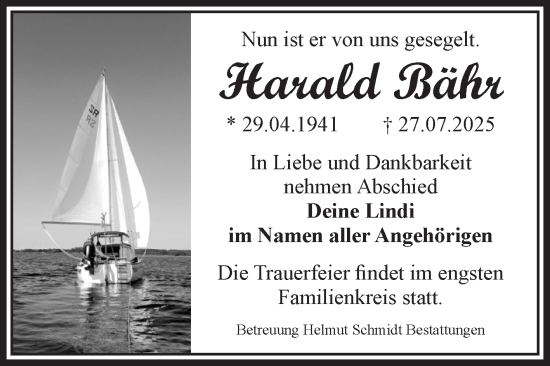 Traueranzeige von Harald Bähr von Volksstimme Magdeburg
