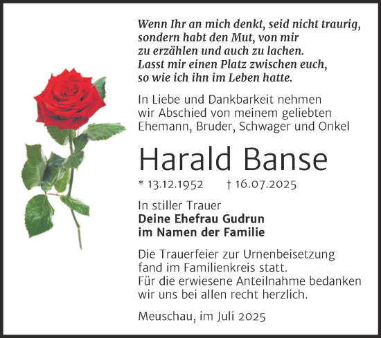 Traueranzeige von Harald Banse von Trauerkombi Merseburg