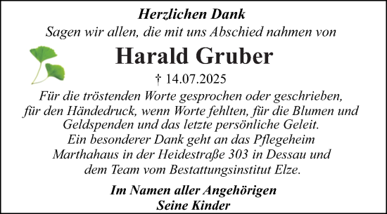 Traueranzeige von Harald Gruber von Trauerkombi Dessau