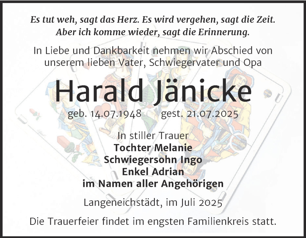  Traueranzeige für Harald Jänicke vom 02.08.2025 aus Trauerkombi Merseburg