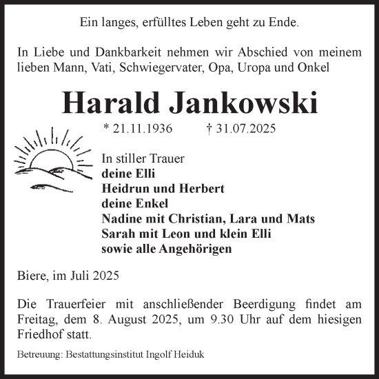 Traueranzeige von Harald Jankowski von Volksstimme Schönebeck