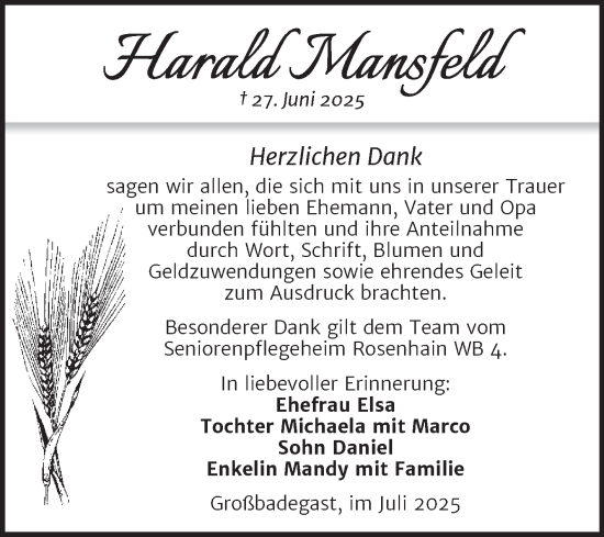 Traueranzeige von Harald Mansfeld von Trauerkombi Köthen