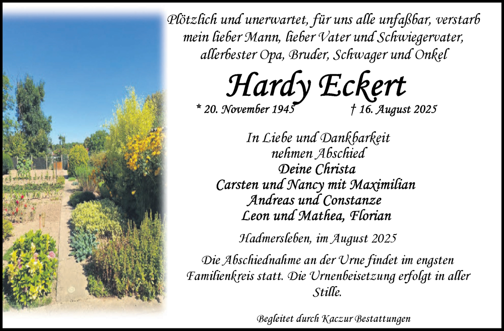  Traueranzeige für Hardy Eckert vom 23.08.2025 aus Volksstimme Oschersleben/Wanzleben