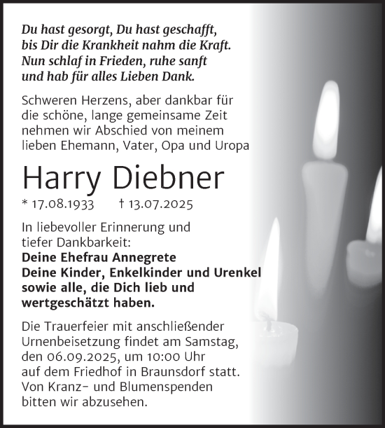 Traueranzeige von Harry Diebner von Trauerkombi Merseburg