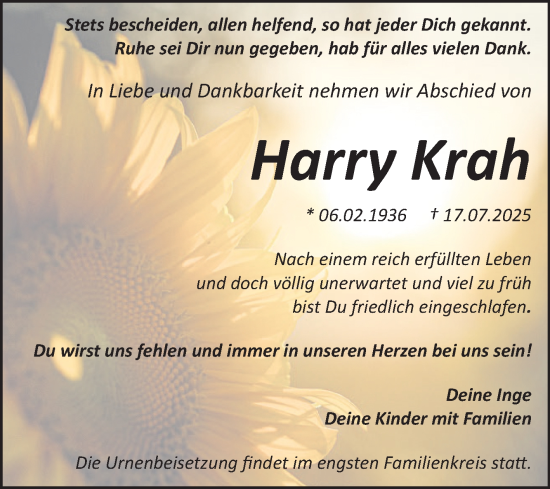 Traueranzeige von Harry Krah von Trauerkombi Bitterfeld