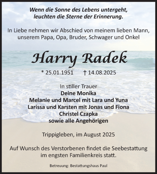 Traueranzeige von Harry Radek von Volksstimme Altmark West