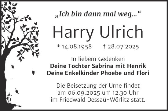 Traueranzeige von Harry Ulrich von Trauerkombi Dessau