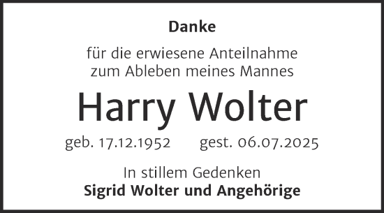 Traueranzeige von Harry Wolter von Trauerkombi Bernburg