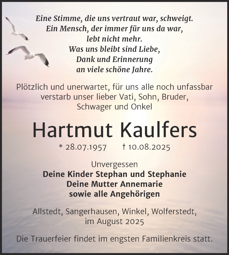  Traueranzeige für Hartmut Kaulfers vom 30.08.2025 aus Trauerkombi Sangerhausen