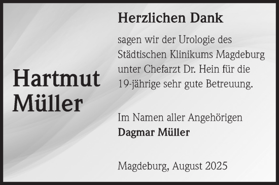 Traueranzeige von Hartmut Müller von Volksstimme Magdeburg