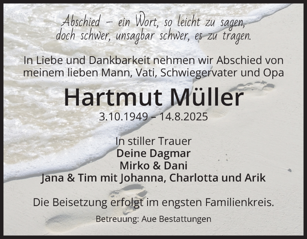  Traueranzeige für Hartmut Müller vom 23.08.2025 aus Volksstimme Magdeburg
