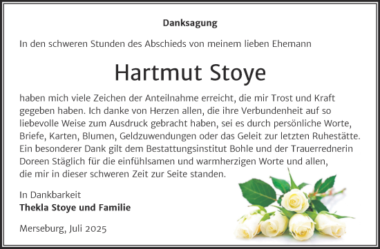 Traueranzeige von Hartmut Stoye von Trauerkombi Merseburg