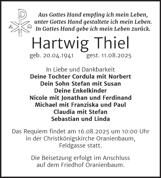 Traueranzeige von Hartwig Thiel von Trauerkombi Wittenberg