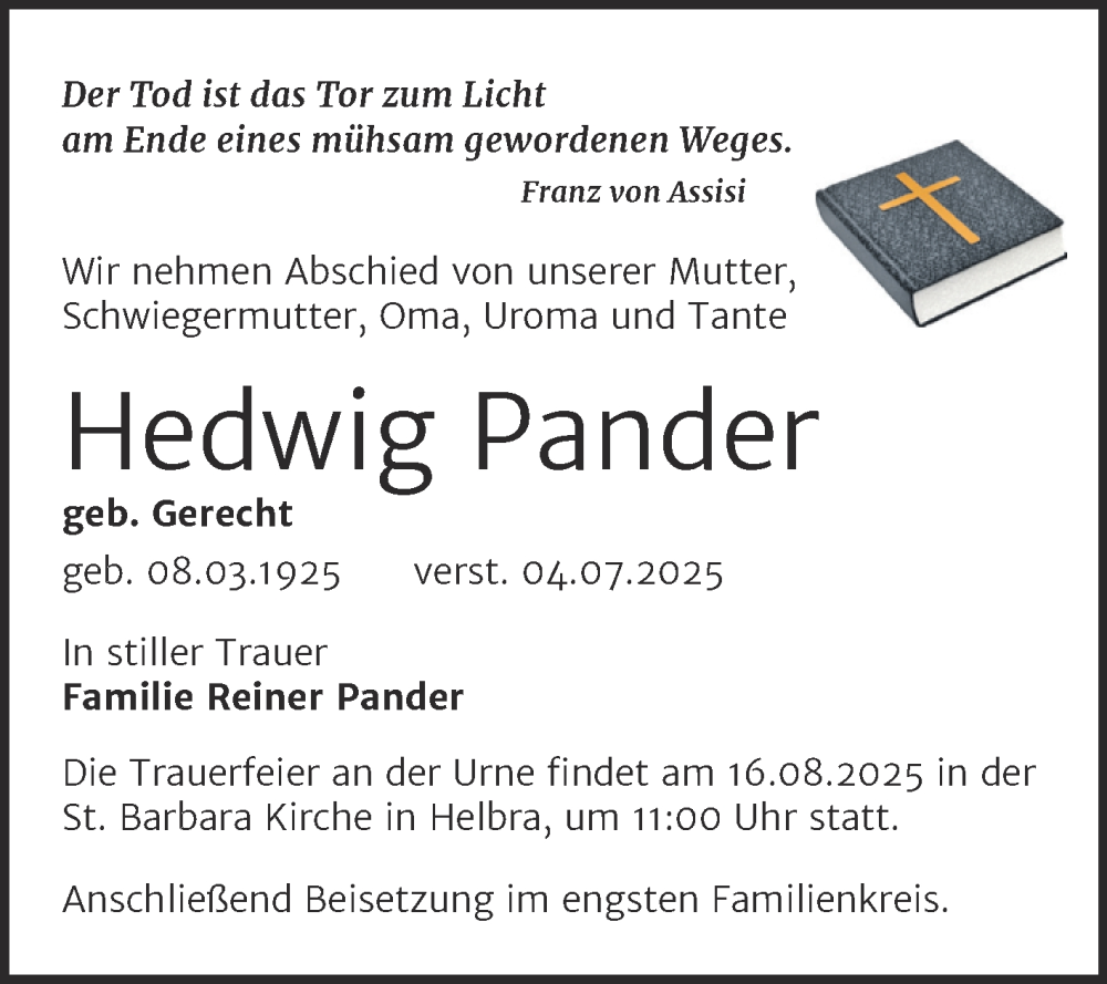  Traueranzeige für Hedwig Pander vom 02.08.2025 aus Trauerkombi Mansfelder Land