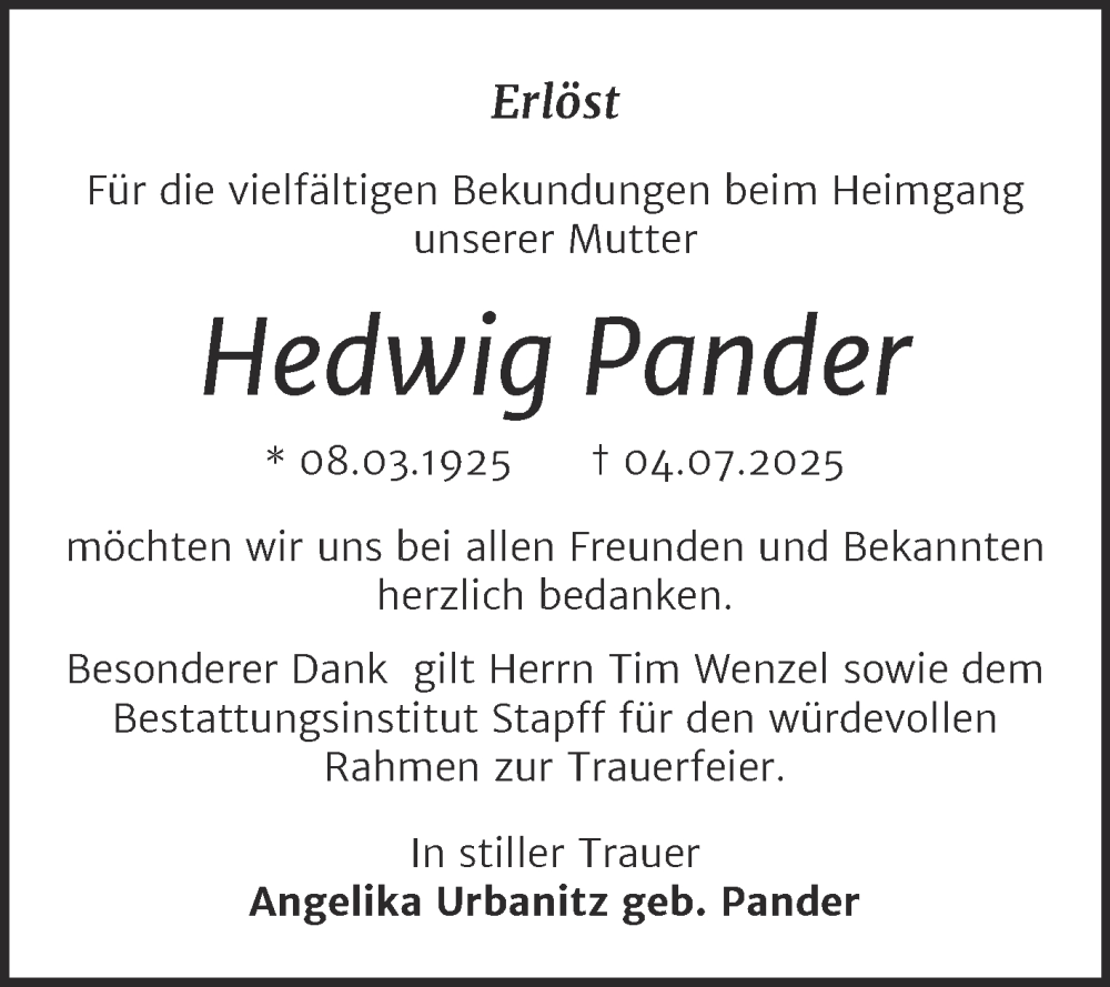  Traueranzeige für Hedwig Pander vom 23.08.2025 aus Trauerkombi Mansfelder Land