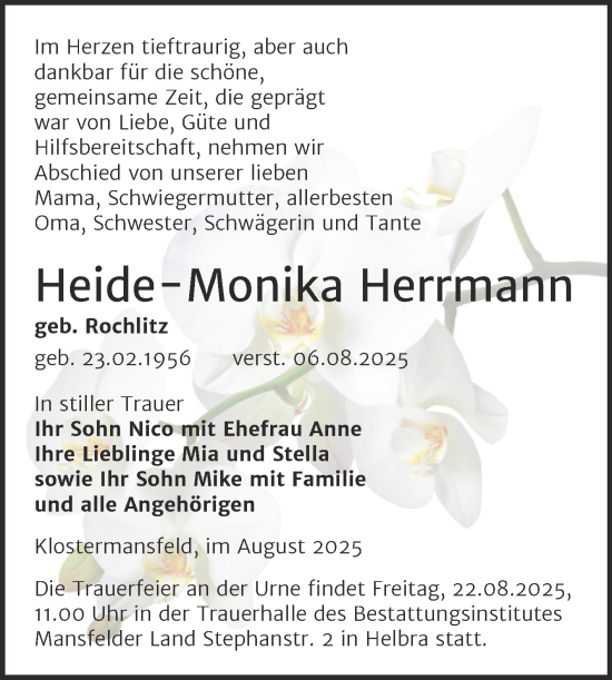Traueranzeige von Heide-Monika Herrmann von Trauerkombi Mansfelder Land